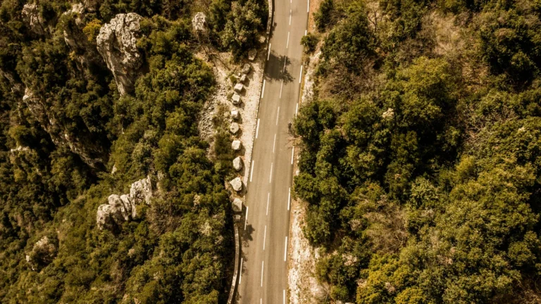 Aerial shot of a winding road through lush vegetation in a French forest.