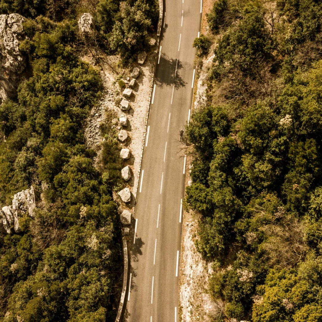 Aerial shot of a winding road through lush vegetation in a French forest.